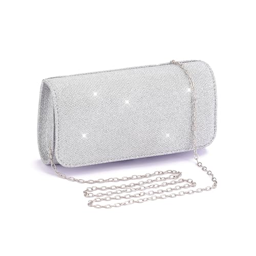 CISYINO Bolsa clutch feminina com glitter e corrente removível, Prata