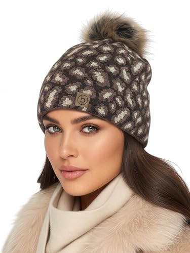 Bonnet tricoté motif léopard avec pompon en fourrure synthétique pour hiver chaud