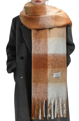 Pleneal Women's Winter Scarf, Large Chunky Scarf for Women and Men, Mohair Vintage Plaid scarf Cashmere Feel Blanket Wrap