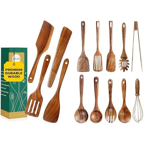 14Pcs Wooden Kitchen Utensils Set, Wooden Spoons for Cooking Cover