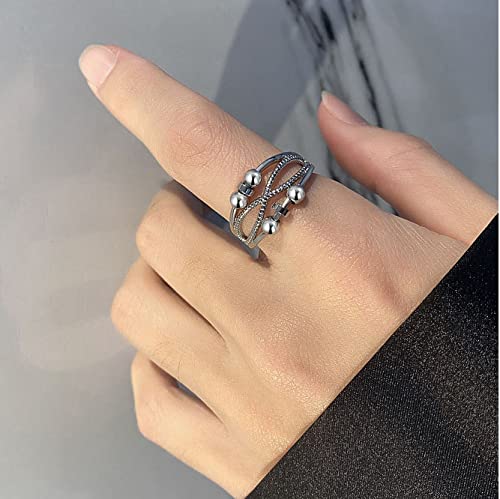 Cangall SilverAnxietyRings,925SterlingSilverAnxietyFidgetRing, Adjustable Open Anti Anxiety Rings with Beads Spinner Ring for Stress Relief, Unisex Silver Fidget Ring for Women Men - Image 4
