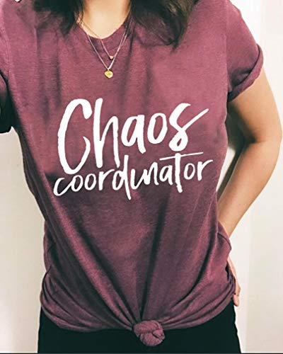 Women Chaos Coordinator Letters Print Funny T-Shirt Short Sleeve Casual Tops Tee Size L (Burgundy) #TOP2