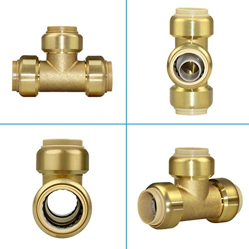 (6-Pack) 1/2-Inch Push-to-Connect Plumbing Tee Fittings,Pushfit Tee Pipe Fitting with 1/2\" Disconnect Clip, Brass Pushfit T Fittings Plumbing Pipe Connector for PEX tubing, Copper, CPVC