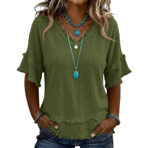 Fringe Tops for Women Casual Fringe Frayed Boho Western Blouses Summer Gauze Short Sleeve V Neck Linen Tunic Retro Raw Hem Retro Peasant Beach Shirts Cute Bohemian Cotton Womens Western Wear