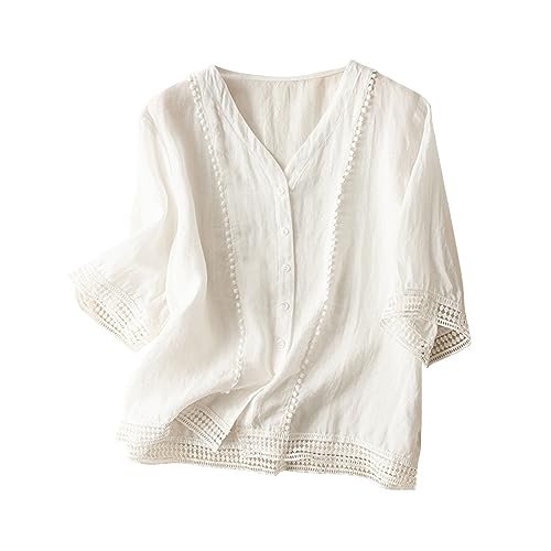 Oversized Cotton Linen Tops for Women Vintage Lace Crochet Embroidered