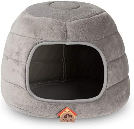 Hollypet Coral Velvet Cat Bed, 16×16×12.5 inches 2 in 1 Foldable Cave, Self-Warming High Elastic Foam Pet Bed for Cats, Light Gray