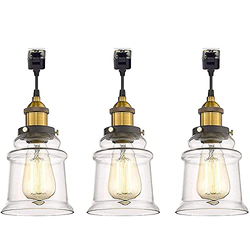 Kiven Juno Lighting 3 Pack J- Series Track Lighting Kitchen Pendant Light - Clear Glass Shade Industrial Hanging Lamp, UL Listed-Total Length 12" (from Track Adapter to Bottom of The Shade)