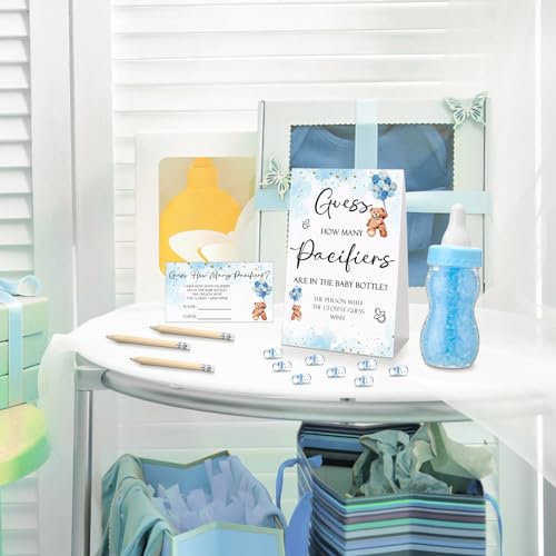 Image of Roowest 512 Pcs Baby Shower Games Guess How Many Pacifiers Sign 100 Small Guessing Games 10 HB Pencils 750ml Milk Bottle 400 Acrylic Pacifiers Decoration for Guest Gender Reveal(Blue,Bear)