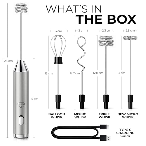 Image of Zulay Kitchen Rechargeable Milk Frother Handheld - Frother Wand, Drink Mixer, Electric Whisk Frother, for Cappuccinos, Matcha & Protein Powder - Ultra Metal 4 Whisk, 1800mAh Silver
