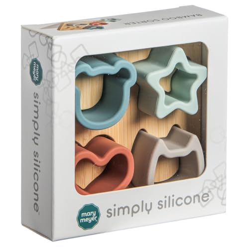 Image of Mary Meyer Baby and Toddler Toys Simply Silicone Sorting Puzzle with Bamboo Base for 12+ Months Old Preschool Gifts, 4 x 4-Inches, Animal, Star, Heart Shapes
