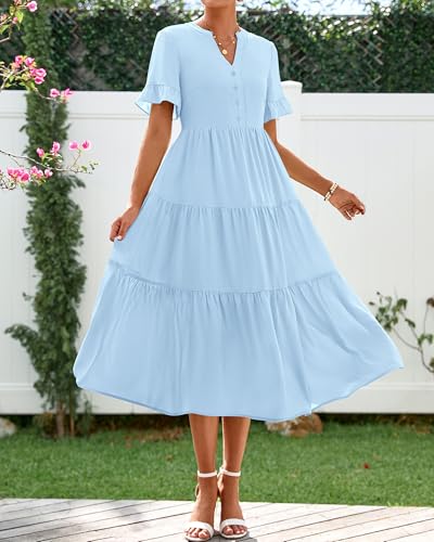 Image of BTFBM Summer Dresses for Women 2025 Vacation V Neck Loose Short Sleeve A Line Tiered Flowy Casual Midi Beach Dress