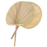 Gogogmee 2個夏季手作り扇子 天然木と芭蕉葉編み込み 軽量涼風屋外用 虫よけ