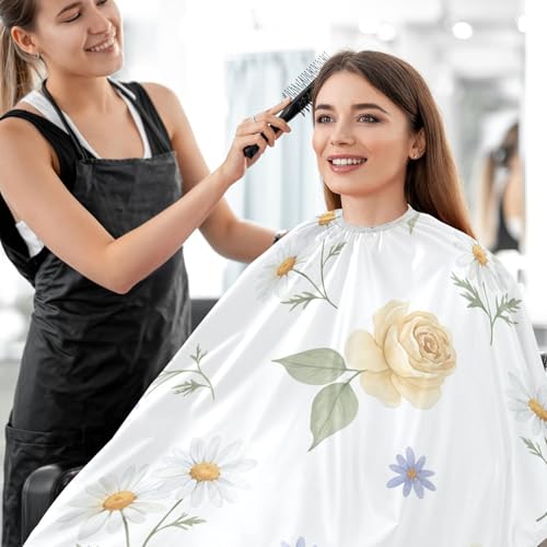 Capa para cortar cabello impermeable con estampado floral amarilla, profesional para barbero con cierre ajustable de broche miniatura 7