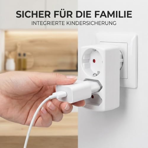 Foto von Aigostar Mehrfachsteckdose 3-Fach Steckdosenadapter, 2 Euro +1 Schuko Steckdose Kindersicherung, doppelstecker für steckdose,Weiß