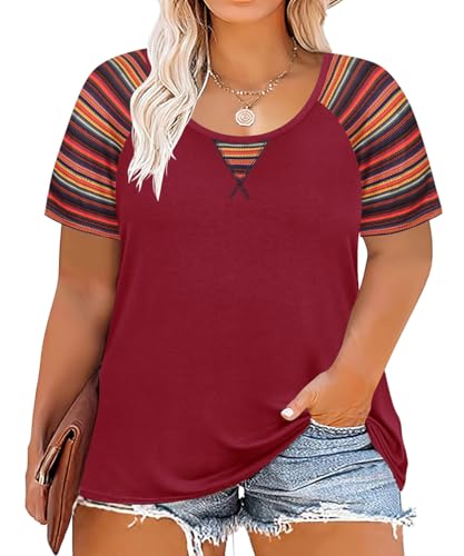 Image of CARCOS Plus Size Tops for Women Short Sleeve Shirt Summer Star /Leopard /Tie Dye /Flower Crewneck Pullover Tunic XL-5XL