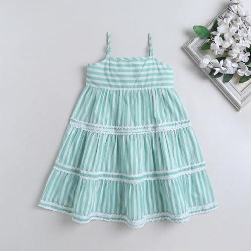 Image of The Magic Wand Kids Girls Printed Casual Dresses, Knee Length Singlet Strap Fit & Flared Cotton Once Piece Stylish Frocks for Summer Season