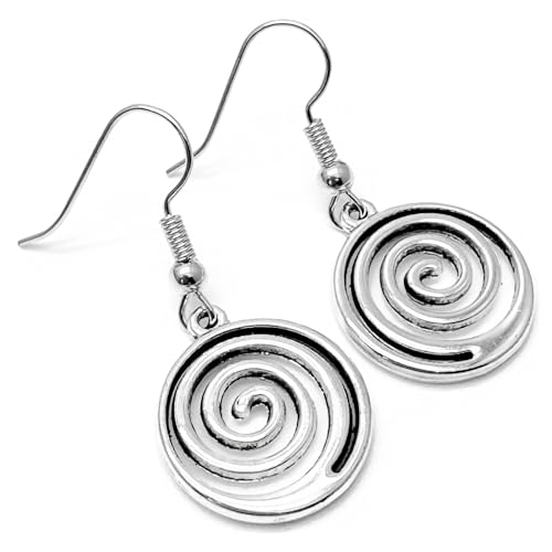 Spiral Swirl Earrings, Round Tibetan Silver Patterned Charm Beads on Nickel Free Silver Tone Hooks : 37mm long, Everyday Drop Earrings, Cute Jewellery Gift for Women