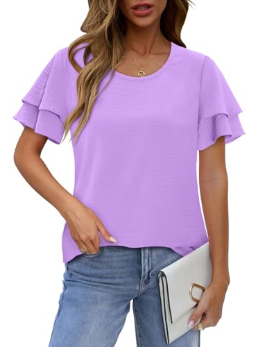 CRAZY GRID Women's Shirts Summer Casual Crewneck Ruffle Short Sleeve Blouses Cute Floral Print Tunic Tops