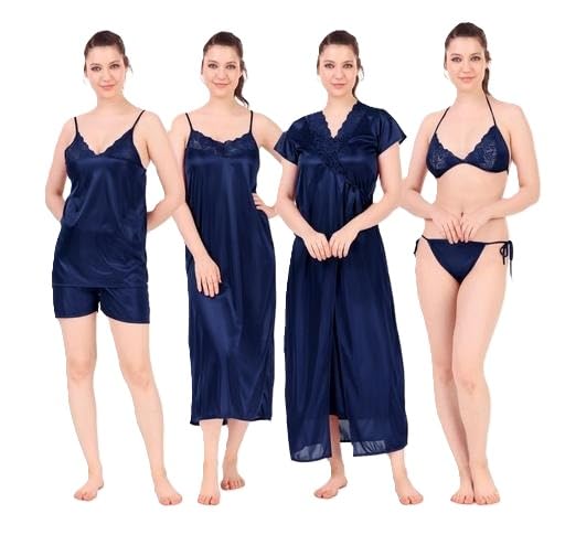 Women Satin Nighty Set Stylish Nightdress Sleep Suit with Short Sleeves Solid Pattern Comfortable-image-49