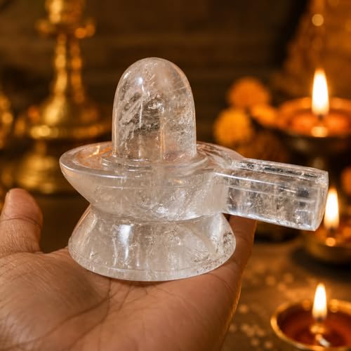 Image of Original Natural Sphatik Carat (Ct) Shivling Yoni Base (Jalhari) | Spatika Lingam Jaladhari | Clear Quartz Crystal Shiva Lingam Abhishekam, Pooja Meditation | Vastu Spiritual Idol (450 Grams)