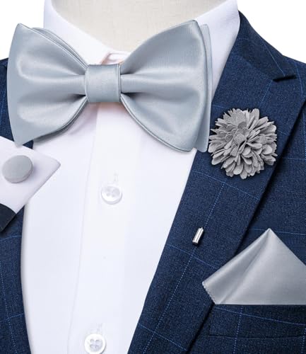 Image of DiBanGu Satin Bow tie Self-Tied Bowtie Set for Men Wedding Prom | Solid Color,Skin-Friendly,Versatile Accessory,Lapel Pin,Pocket Square,Cufflinks,School Dance,Banquet,Dinner,Celebration