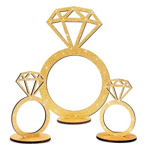 APUDWN 3 PCS Bridal Shower Centerpieces for Tables Diamond Ring Sign Table Centerpieces Gold Glitter Wooden Diamond Ring Sign Decor for Wedding Anniversary Supplies Batcholette Engagement Party by APUDWN - Used condition - US$13.05