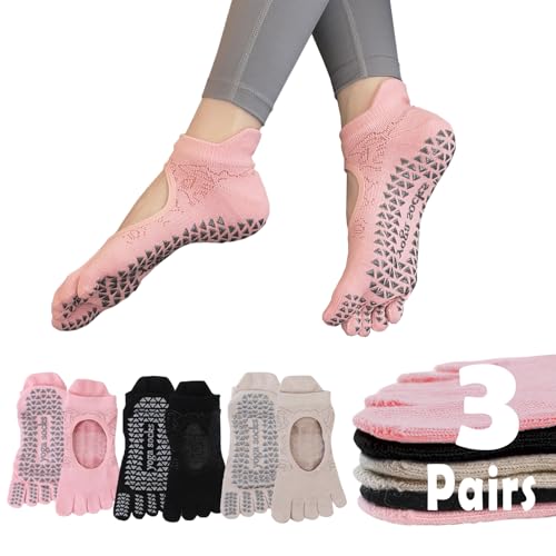 Sunolkie Womens Non-Slip Pilates Yoga Socks 5-Toe Breathable Cotton Sports Socks For Pregnant Women 3 Pairs