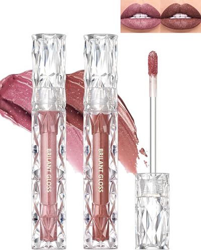 Lot de 2 gloss à lèvres pailletés - Brillant à lèvres liquide - Rose rouge - Brillant à lèvres liquide - Longue durée - Étanche - Coupe non adhésive - Haute pigmentation - 01+02