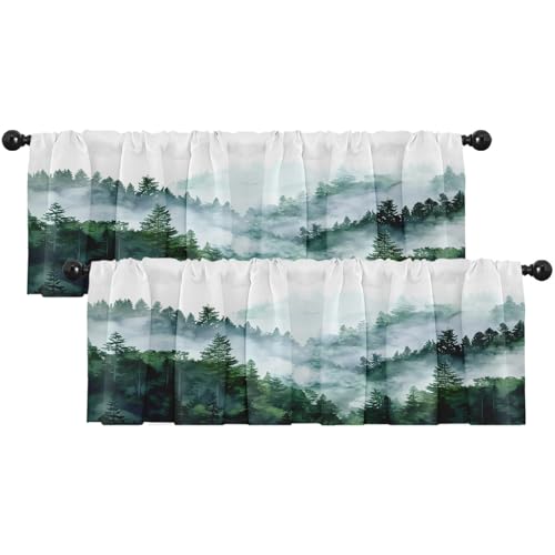 Emvency 2 Pack Valances Window Treatments, Green Misty Forest Nature Tree Mountain Blackout Drapes Adjustable Curtain for Windows Living Room Kitchen Over Sink, 52x18 Inch Rod Pocket Valances by Emvency - Used condition - US$9.64