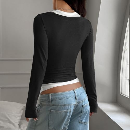 Women Y2k Scoop Neck Button Up Henley T Shirt Trendy Slim Fit Long Sleeve Fake Two Piece Contrast Color Crop Top3