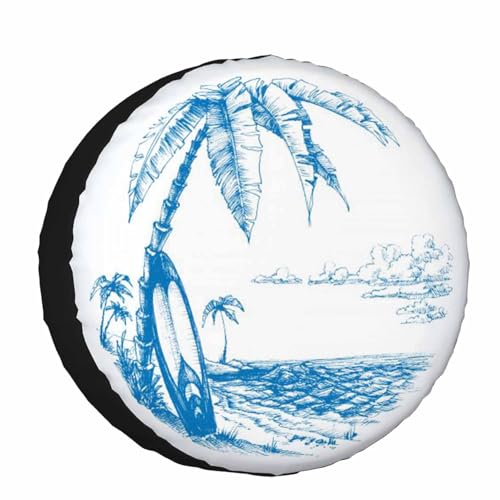 Image of Palm Trees and Sea View Spare Tire Cover Surfing Background Blue Line Drawing Wheel Covers for RV Tires Camper Tire Case Protectors for Trailer Rv SUV Truck Travel Trailer 17 in