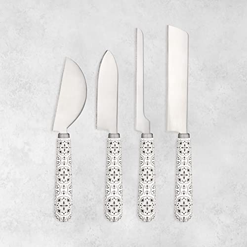 Twine 4 Piece Cheese Knives Set With Ceramic Tile Pattern Handles, For Hard And Soft Cheese, Bread And More, Stainless Steel Blades #TOP4