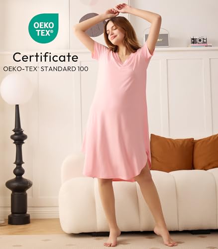 Image of NACHILA Nightgowns for Women-Viscose Made from Bamboo, V Neck Sleepshirts Short Sleeve Sleepwear Cool Nightshirt