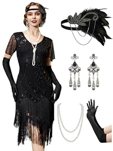 YESSA 20er Jahre Kostüm Damen, Gatsby Kleid Damen mit 20er Jahre Kleid Accessoires,Charleston Flapper outfit,schwarz,X-groß