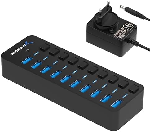 Sabrent USB Hub aktiv 3.0 mit netzteil 60W 10port, USB Adapter mehrfach Verlängerung, USB Verteiler, Powered USB hub, langes Kabel mit EIN/AUS-schaltern, für PS5, PC, Laptop, MacBo