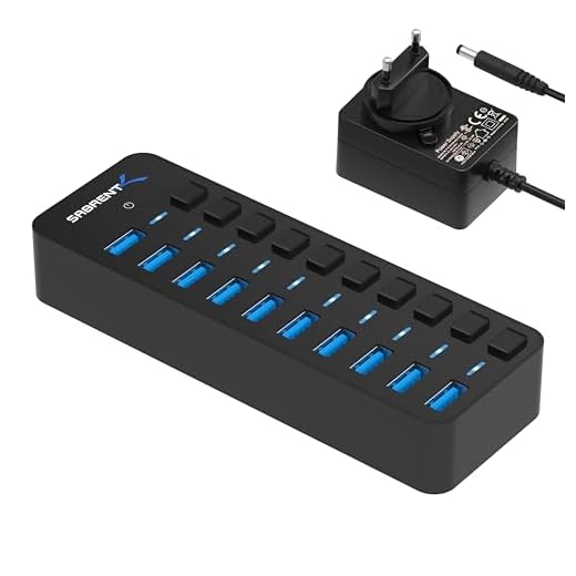 Sabrent USB Hub aktiv 3.0 mit netzteil 60W 10port, USB Adapter mehrfach Verlängerung, USB Verteiler, Powered USB hub, langes Kabel mit EIN/AUS-schaltern, für PS5, PC, Laptop, MacBook, usw. (HB-BU10)