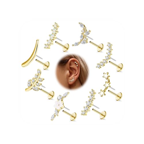 8PCS 16G 14K Gold Threadless Cartilage Stud Earrings for Women 316L Stainless Steel Push in Earrings CZ Helix Flat Back Stud Earrings Hypoallergenic Flower Star Leaf Conch Earrings 6/8mm