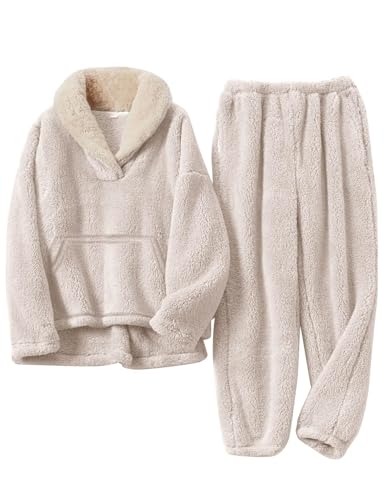 Rousytn Girls Fuzzy Fleece Pants Set Winter Fluffy 2 Piece Outfits Flannel Pullover Sweatshirt Sets Sweatsuit 9-10 Years, Beige