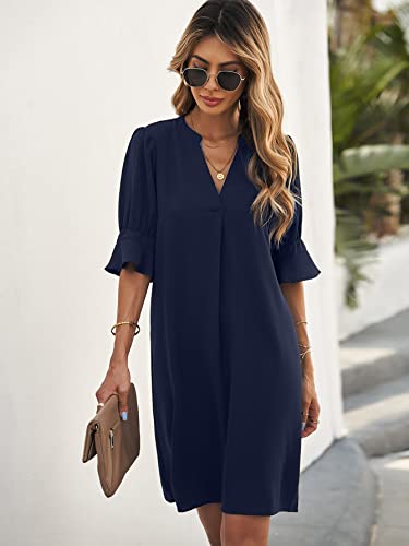 Wdirara Women's Short Sleeve Notched V Neck Tunic Dress Casual Solid Dresses Blue S #TOP4