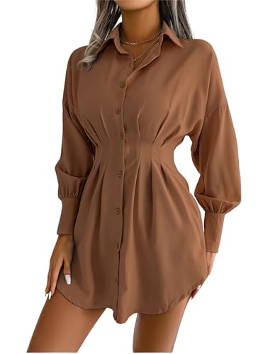 Robe t-shirt plissée manches longues col revers froncée boutonnée couleur café