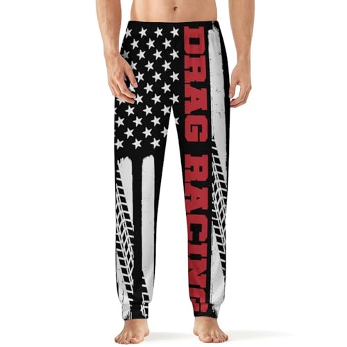 Image of Drag Racing American Flag Mens Pajama Pants Lightweight Lounge Classic Long Pants Sleepwear Loungewear Elastic Waistband L