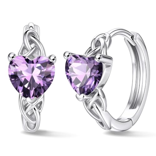 Bestyle 925 Sterling Silver Huggie Hoop Earrings Small Birthstone Earrings for Women Heart Birthstone Small Silver Hoops | Classic Silver February Amethyst Birthstone Earrings for Women
