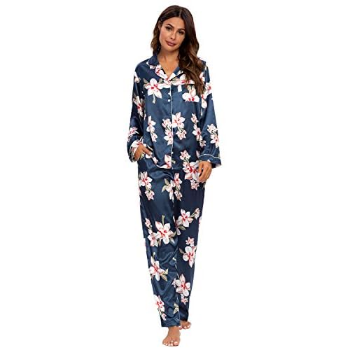 MINTLIMIT Women’s Pyjama Set Ladies Satin Loungewear Soft Button Down Sleepwear V Neck Long Sleeve Shirt & Long Bottom Nightwear Silk PJ Set