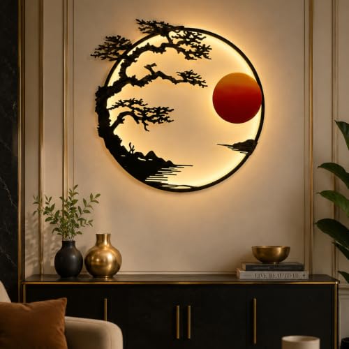 Image of SNS DECOR Metal Sunset Serenity LED Wall Art | Abstract Sun Wall Decor | Modern Handcrafted Designer Sun Iron Wall Decor With LED | Perfect for Living Room, Drawing Room, Restaurant (Copper Antique)