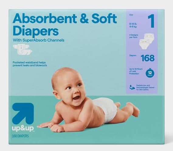 Disposable Baby Diapers, Size 1,up and up, Ultra Absorbent Leak Protection, Soft Comfort Fit, Wetness Indicator, Hypoallergenic, 168 Count.