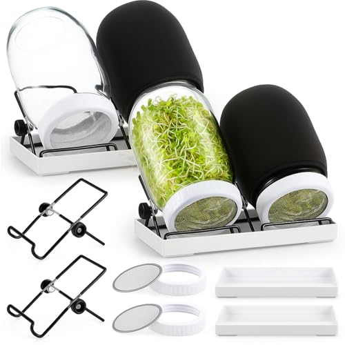 LemonRoad 18 Pcs Seed Sprouting Kit with 1000 ml Mason Jars and Blackout Sleeve, Separate Bracket 316 Stainless Steel Screen, Drain Tray Grow Organic Broccoli, Alfalfa, Mung Bean Sprouts