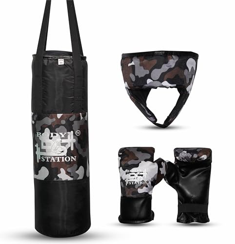 Image of Kids Champ Junior Punching Set | 1 Punching Bag, 1 Head Guard, 2 Gloves | Boxing Training Punching Bag & Gloves for Boys & Girls | for 3 to 10 Years Kids (Set of 4) (Black Camo)