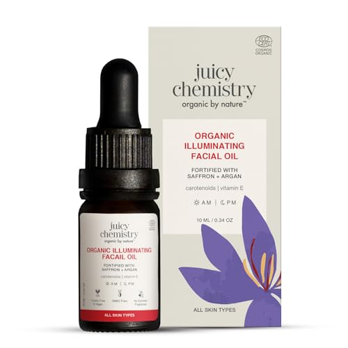 Image of Juicy Chemistry Organic Illuminating Facial Oil with Saffron + Argan, 10 ml | Boosts Skin Glow | Promotes Healthier Barrier | Brightens & Evens Out Skin Tone | Non-sticky & Lightweight | Dermatologically Tested