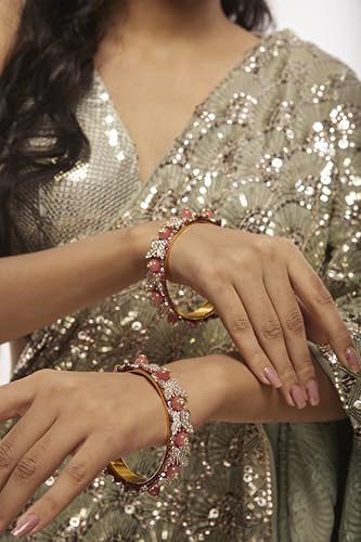 Image of LAVAZZA Stylish Butterfly Design Golden Metal with Zircon Diamond & Pearls Moti Bangles Kada For Women & Girls | Traditional Girl's Bangles Bracelet | Women's Kangan Wedding, Party-Set of 2