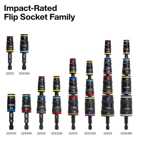 Image of Klein Tools 80213 2-Piece Impact Socket Set, SAE and Metric Flip Socket Set, 4 Hex Nut Driver Sizes and 1 /4-Inch Bit Holder, 2-Inch Shafts